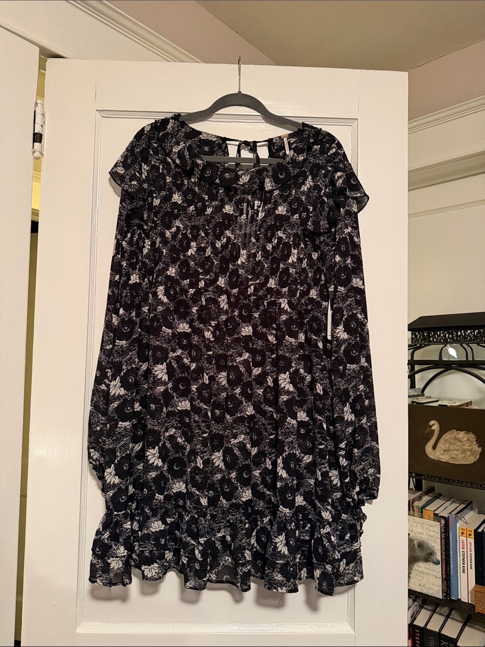 Free People Black and White Floral Long-Sleeve Ruffle Dress